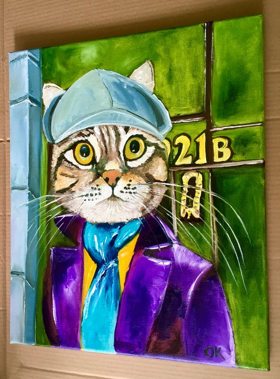 Troy The  Cat- Sherlock Holmes  Baker  Street 221 B   oil painting for cat lovers.