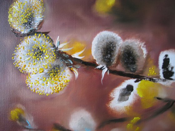 Willow Catkins Oil Painting, Willow Branch Nature Original Small Art Canvas, Spring Scenery Wall Art Realistic Artwork