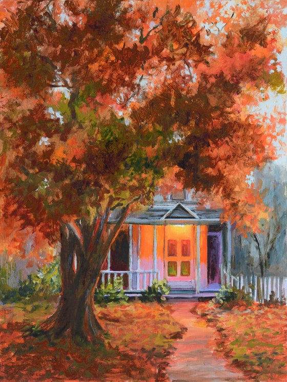 Fall house porch with a tree