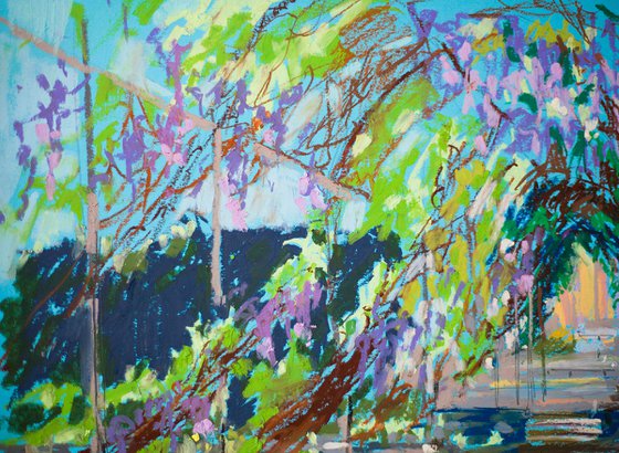 Wisteria tunnel. Sunny urban natural impressionistic landscape. Medium size oil pastel impressionistic interior painting travel decor Spain Madrid