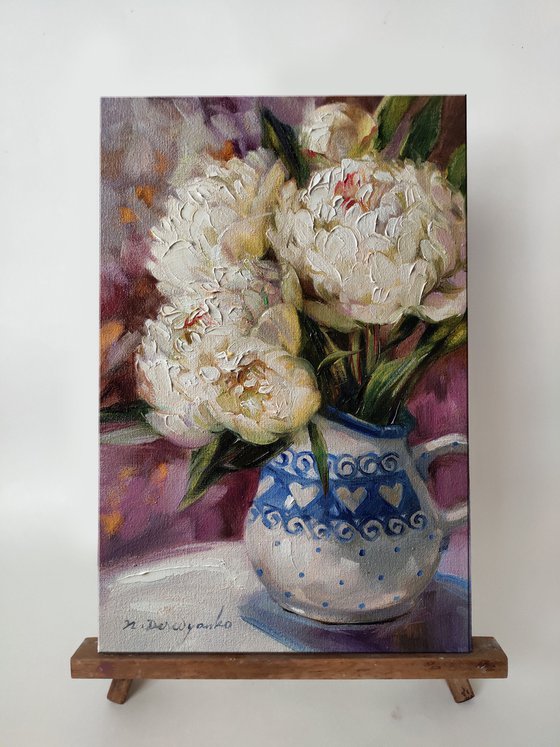 Peony oil painting original, White flowers in art painting on canvas, Peonies small paintings, Flowers oil painting, Floral painting