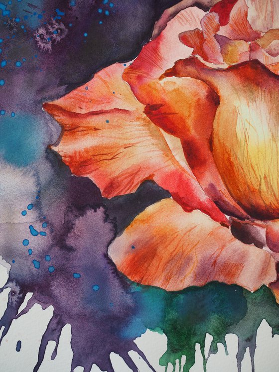 Emotional rose - original watercolor flower and splashes