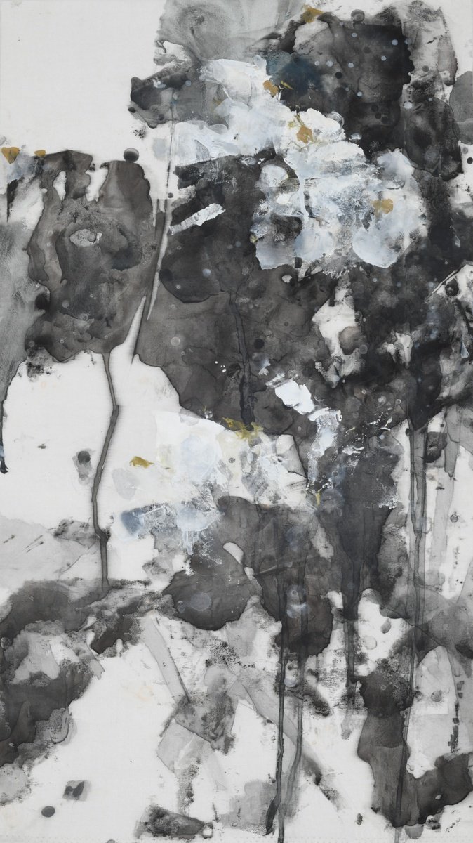 Impressionistic Botanical Painting By Ruozhou Zhuang, 18 X 31", White Lotus I, Original Artwork