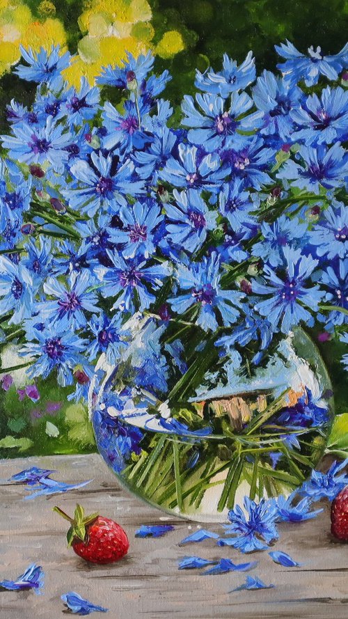 Sunlit Blue Cornflowers with Strawberries by Natalia Shaykina