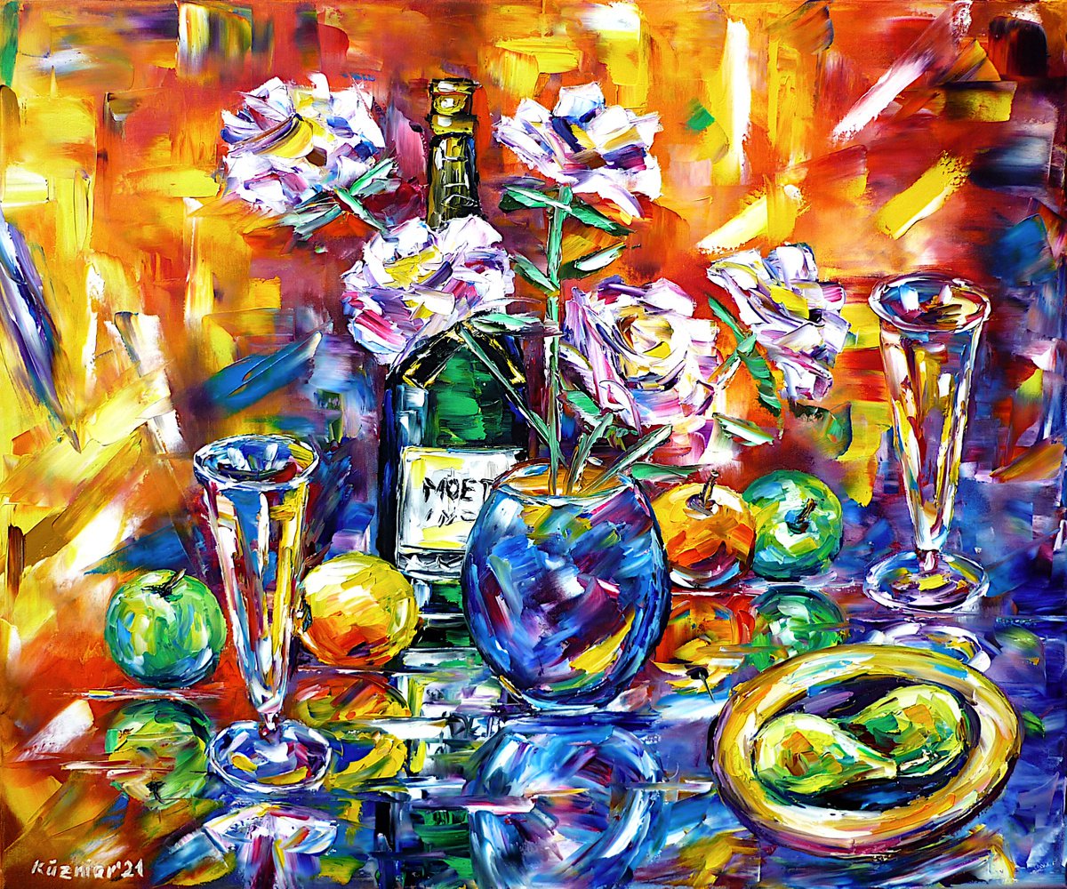 Expressive Oil Painting , Champagne Breakfast By Mirek Kuzniar, 24 X 20, Artwork For Sale On Artfinder