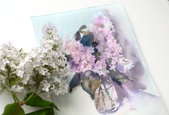 Lilac branch in a glass, Watercolor spring