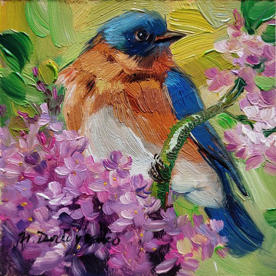 Bluebird painting original in frame 4x4, Eastern Bluebird art oil illustration small art framed, Thanks gift