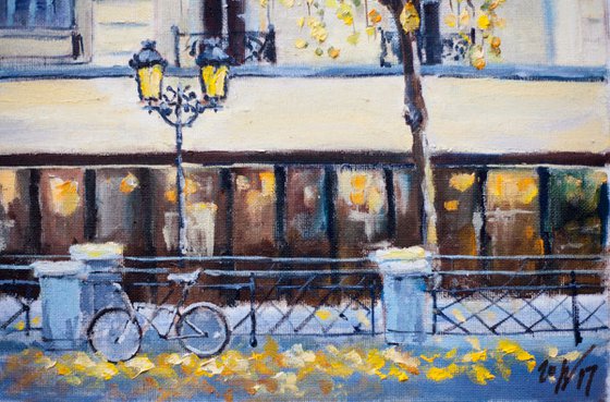 Autumn in Paris. Small original art oil painting fall france city urban landscape