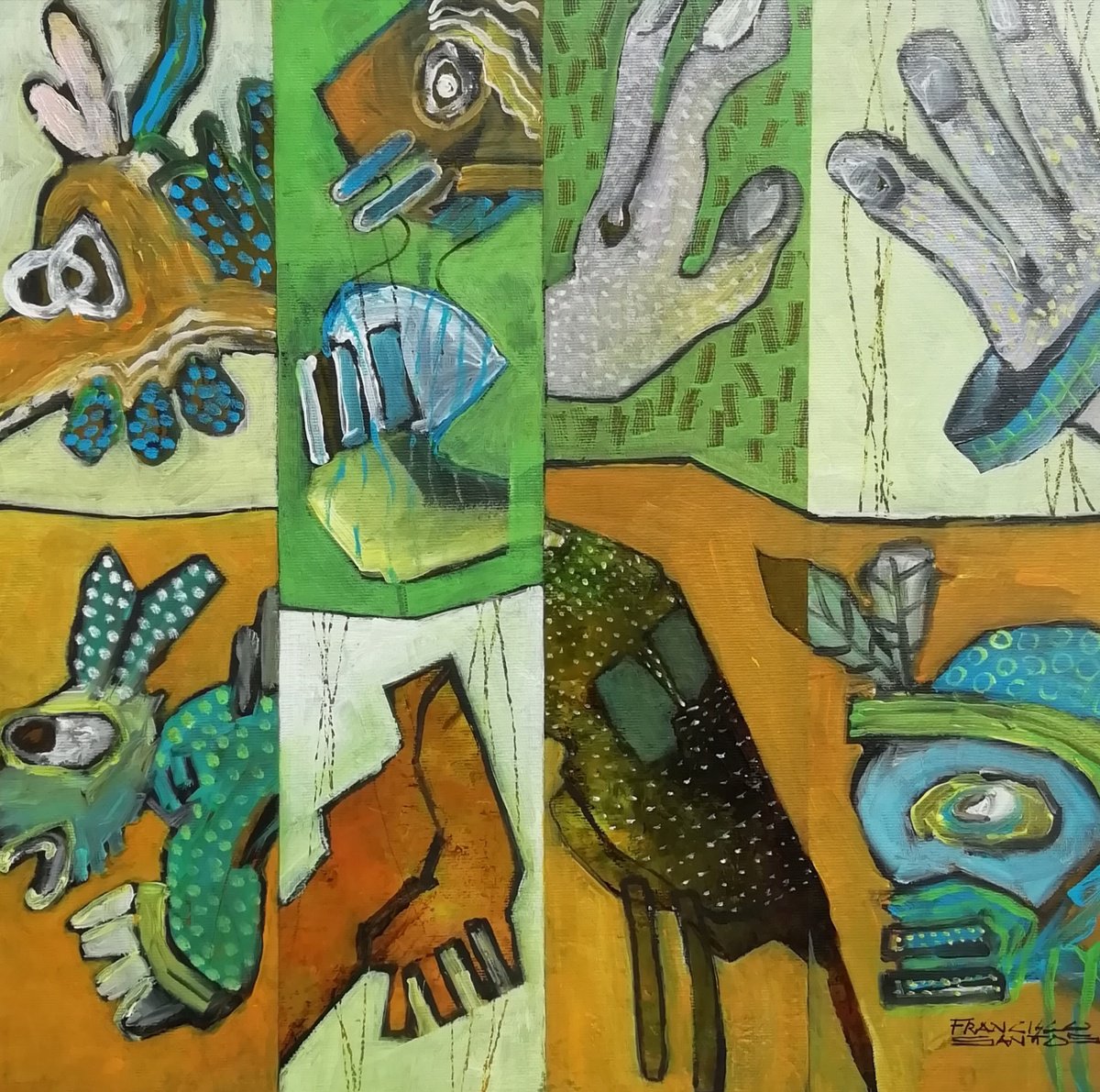 Organic Abstract Acrylic Painting By Francisco Santos, 16 X 16, Abstract Fragments 10, Original Artwork