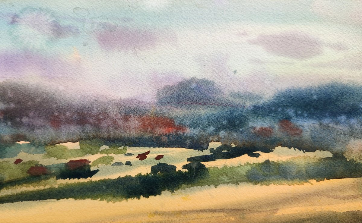 Impressionistic Landscape Watercolour By Nadiia Dubei, 16 X 12", Ukrainian Fields, Original Artwork