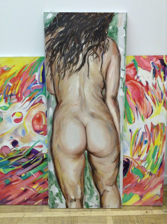 BRIGHT ON GREEN - nude erotic art - original oil painting, woman, girl, hair, back - large size impressionistic artwork