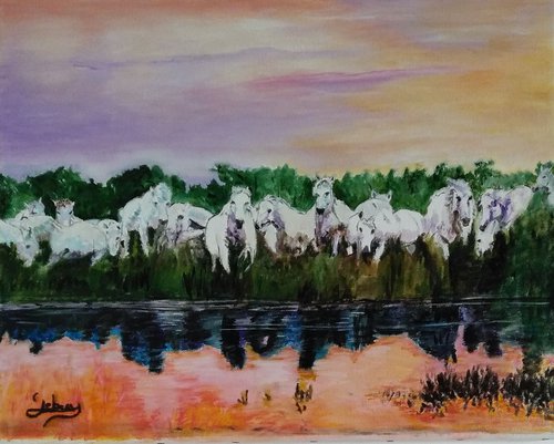 Sunset on white horses by Isabelle Lucas