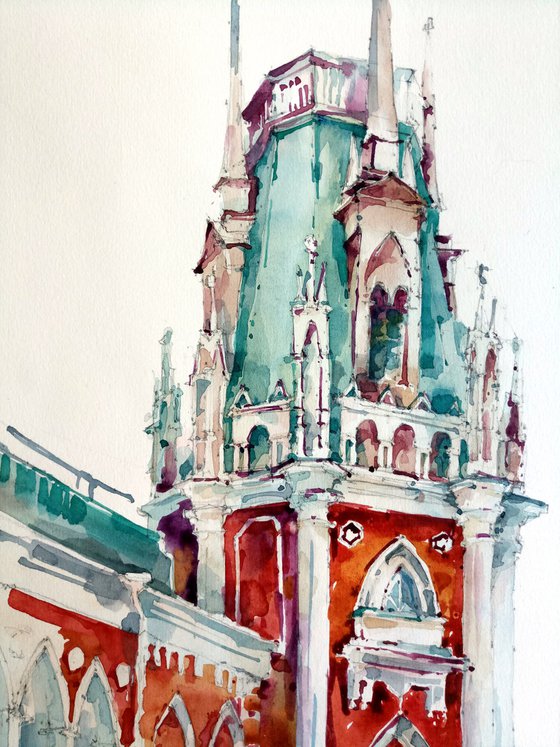 Architectural landscape "Tsaritsyno Park" original watercolor painting