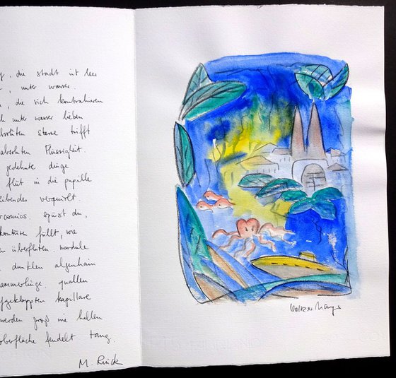 Monika Rinck: City Under Water, Variant 1 - handwritten poem and original gouache