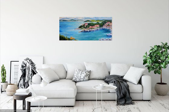 Ships seascape large oil painting on canvas, Greece panorama, coastal home decor