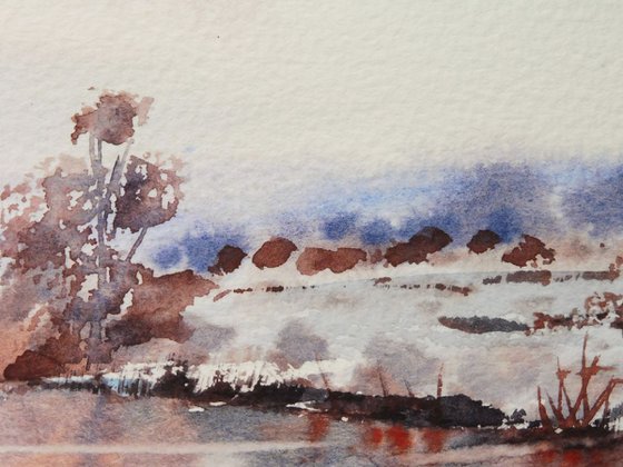 LATE SNOW, River Severn, Worcestershire. 2017. Original watercolour landscape painting.