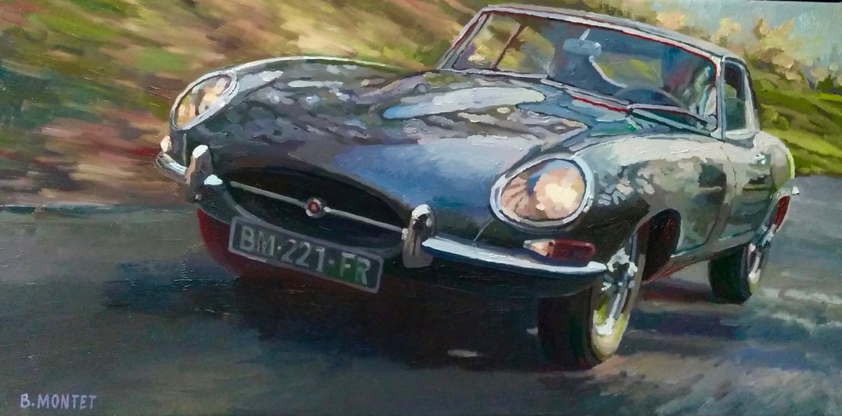 Expressive Transport Oil Painting By Benoit Montet, 26 X 14, Speed Jaguar , Original Artwork