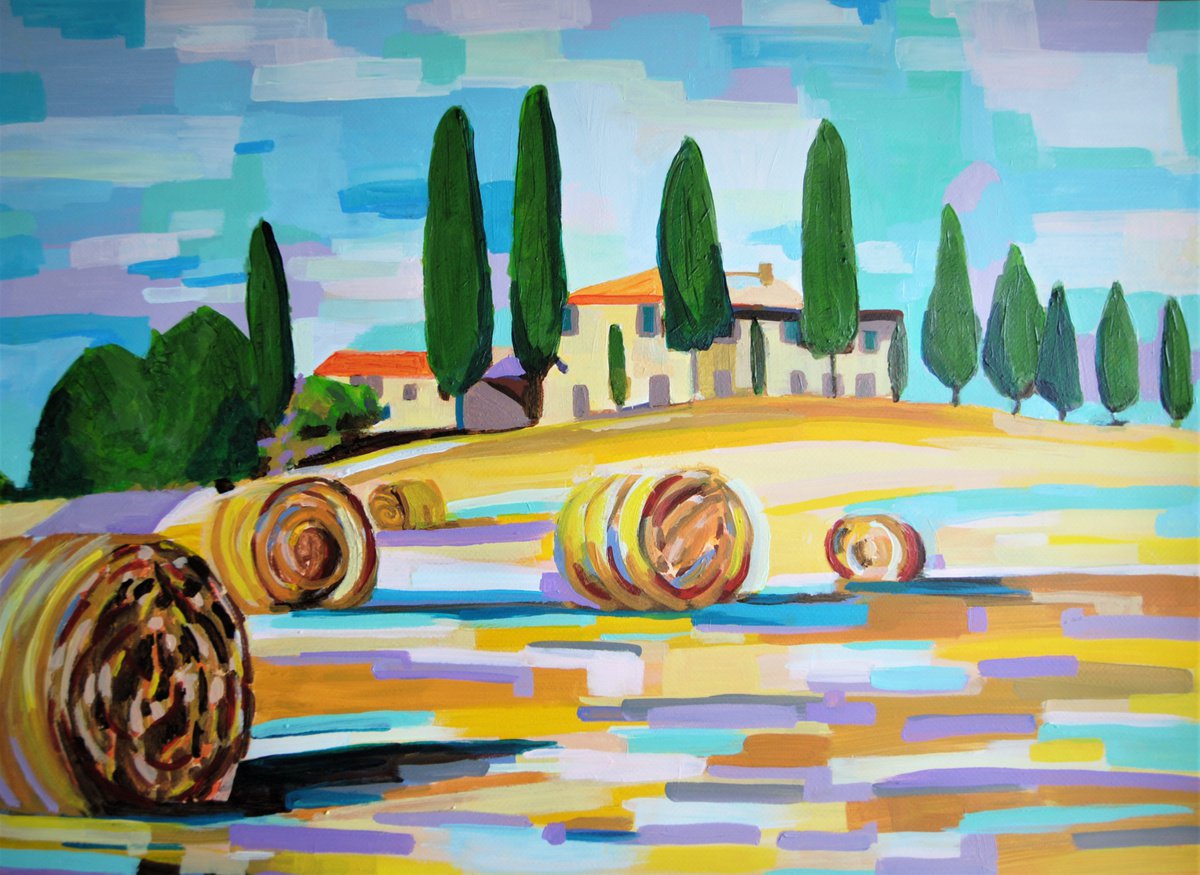 Urban And Pop Landscape Acrylic Painting By Alexandra Djokic, 31 X 22, Landscapes Of Tuscany, Original Artwork