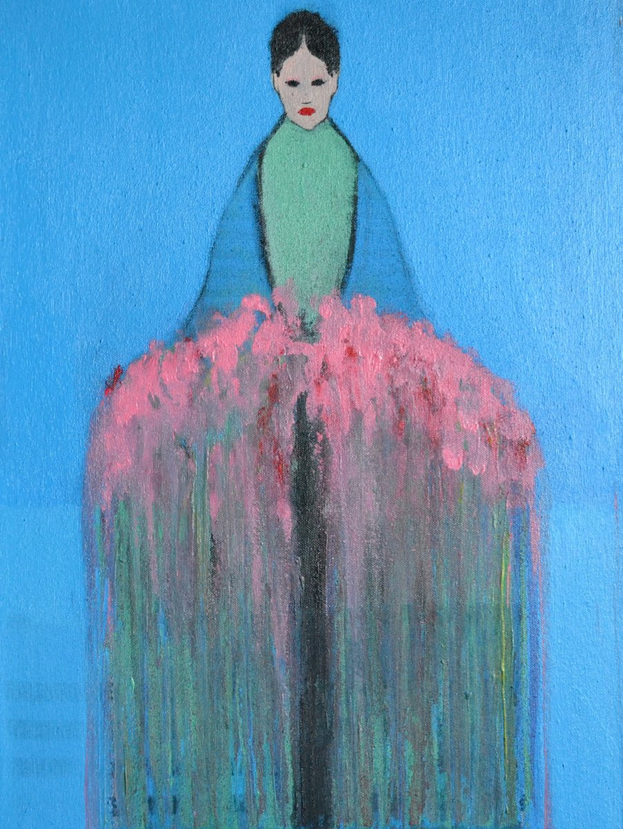 Abstract Portrait Painting By Gela Mikava, 12 X 16, The Girl With Bouquet, Original Artwork