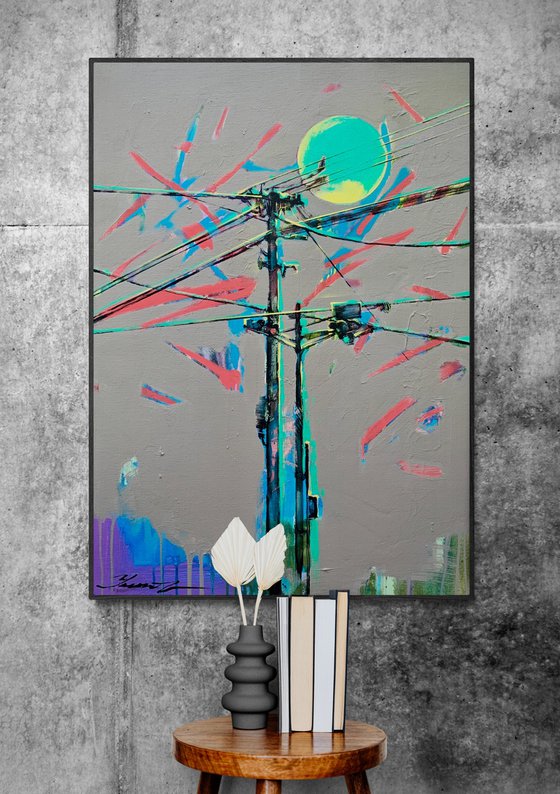 Urban painting - "Green Sun" - Pop art - Bright - Street art - Sunset - City - Street - Grey&Green