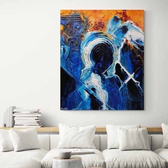 Leather and Sapphires 120cm x 100cm Blue Orange Textured Abstract Art