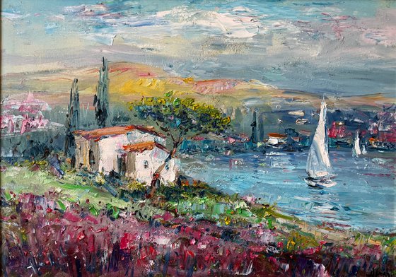 Springtime in Garda / Gardasee, oil painting with Italian golden frame.