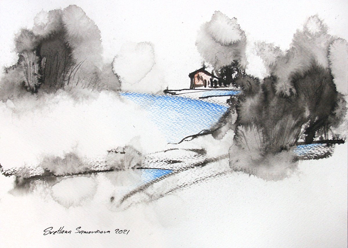 Abstract Landscape Ink Drawing By Salana Art / Svetlana Samovarova, 12 X 8", Abstract Landscape Iii, Original Artwork