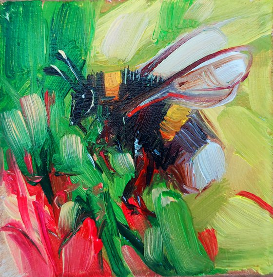 Bumblebee oil painting original 2x2 in frame, Bee artwork painting yellow green, Small painting framed Honey bee wall art