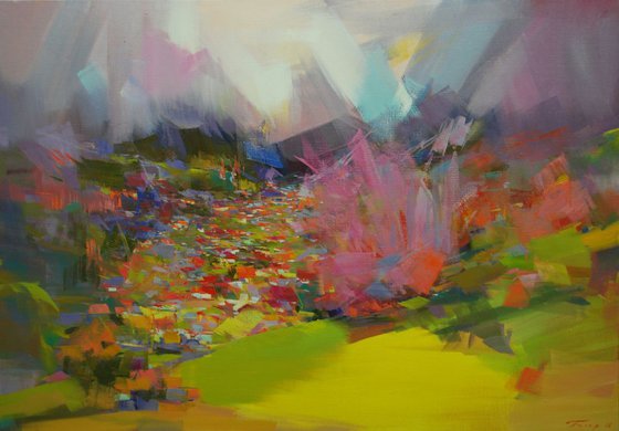 Colorful Landscape Painting, " Mountainous Spring "