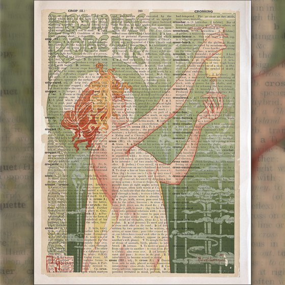 Absinthe Robette - Collage Art Print on Large Real English Dictionary Vintage Book Page
