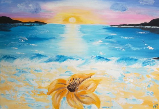 Miss you much, sea sky, flower, summer, original acrylic painting