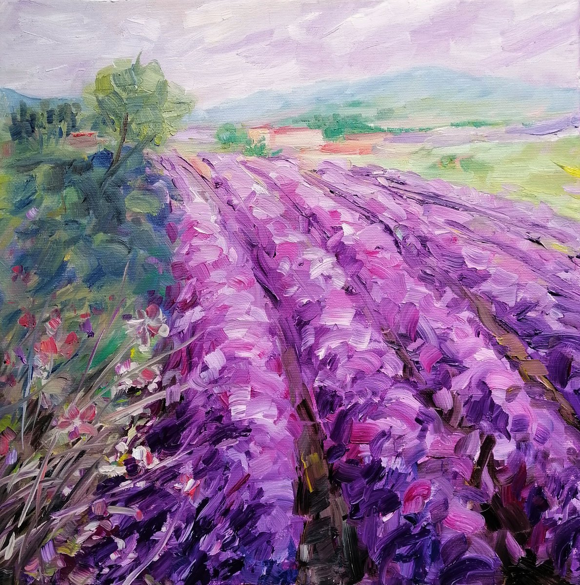 LAVENDER JULY, 40x40cm, colorful field landscape by Emilia Milcheva