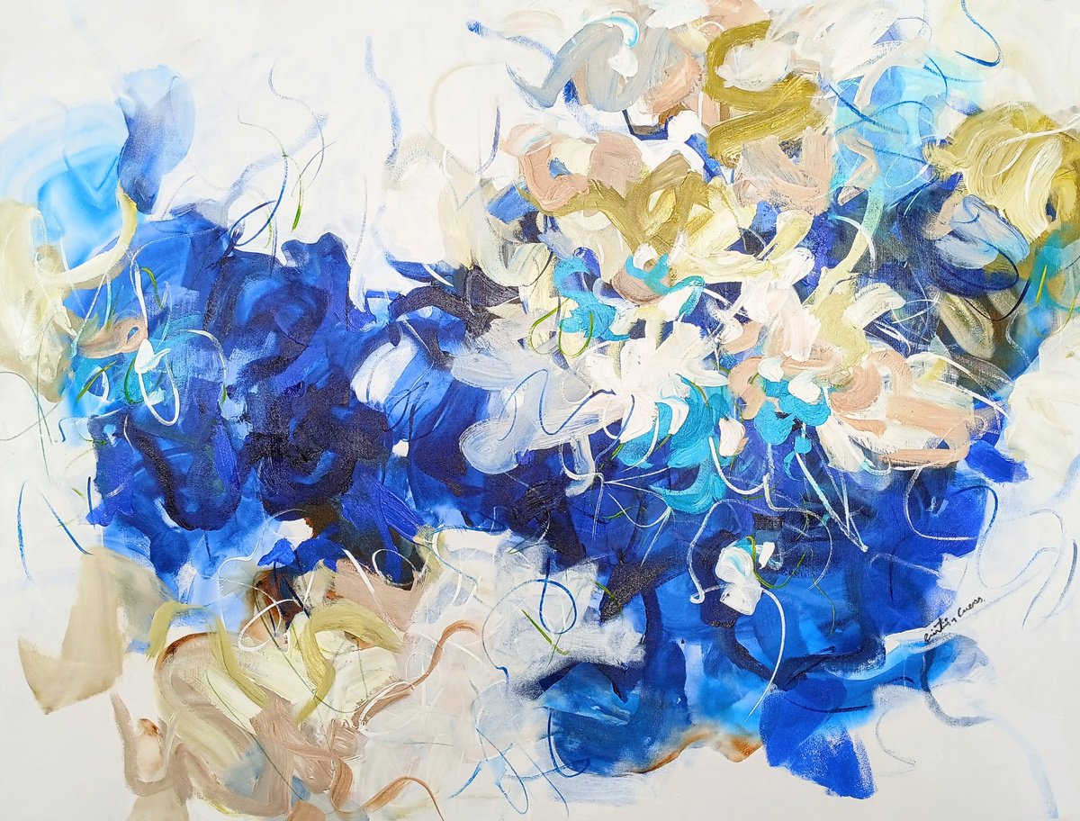 Abstract Acrylic Painting By Cristian Cuevas, 48 X 36, Blue Flower Ii, Original Artwork