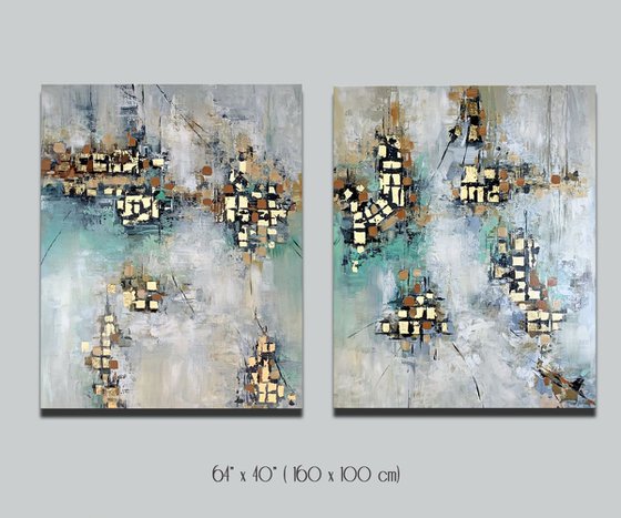 Somewhere New - 64" x 32" Abstract Painting, Set of Two Paintings, Multi Panel Abstract, ORIGINAL Painting, Gold Leaf Painting, Black and Gold, Large Art