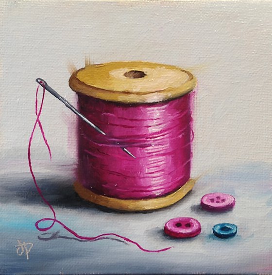 Pink Cotton and buttons still life