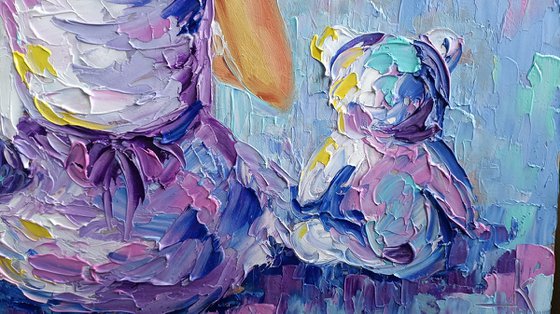 Purple childhood - childhood, child, for mother, oil painting, girl, teddybear, toys, little girl, bears, happy childhood, children