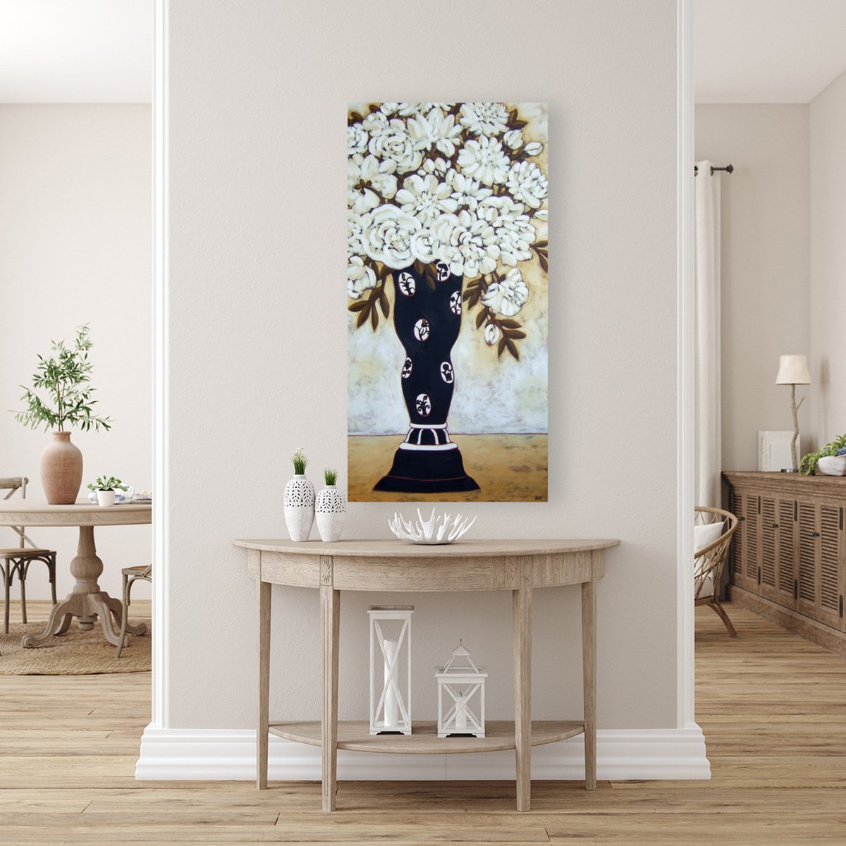 Impressionistic Botanical Oil Painting By Karen Rieger, 24 X 48", White Peonies, Original Artwork