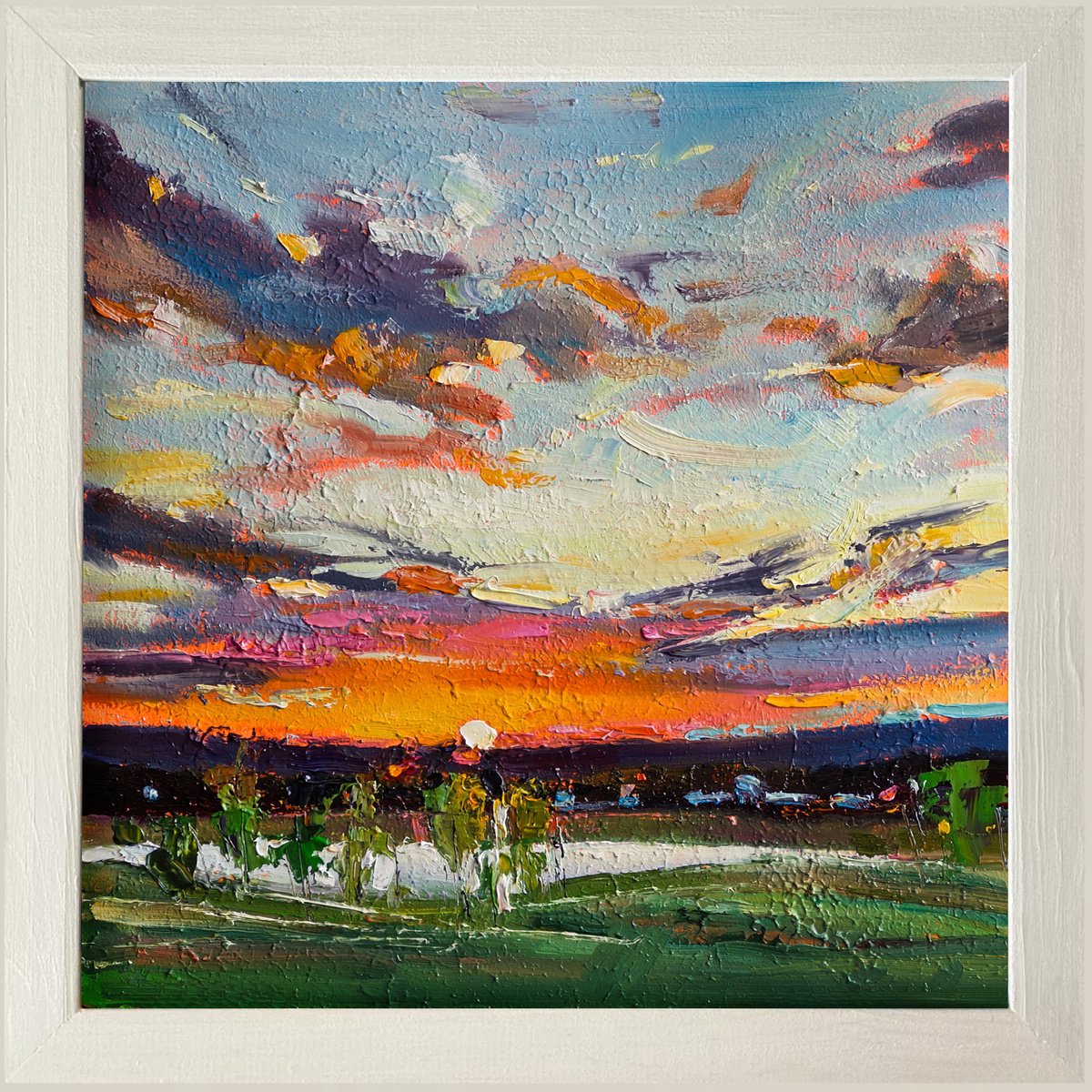 Impressionistic Landscape Oil Painting By Daria Zavadenko, 14 X 14, Flaming Horizon, Original Artwork