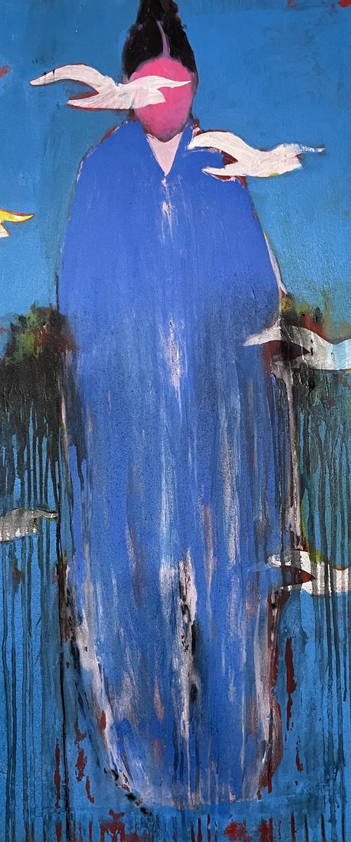 Silent Ascension – Blue Figure with Birds by Gela MIKAVA
