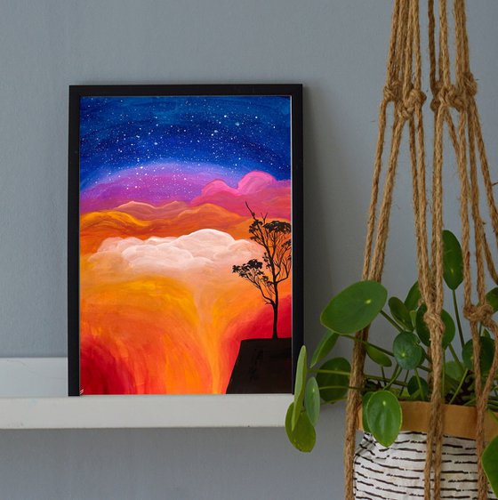 Sunset Sky Original Gouache Painting, Landscape Artwork, Boho Home Decor