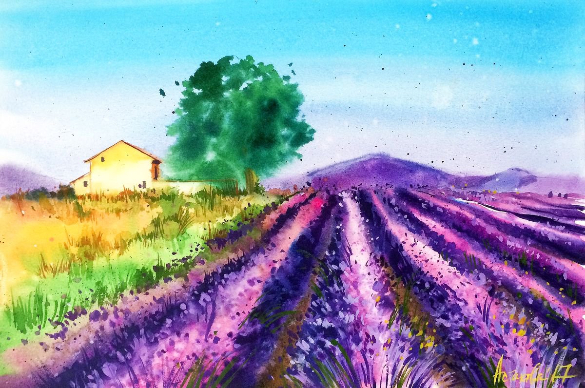 Impressionistic Landscape Watercolour By Ksenia Astakhova, 18 X 12", Plateau De Valensole 3, Original Artwork