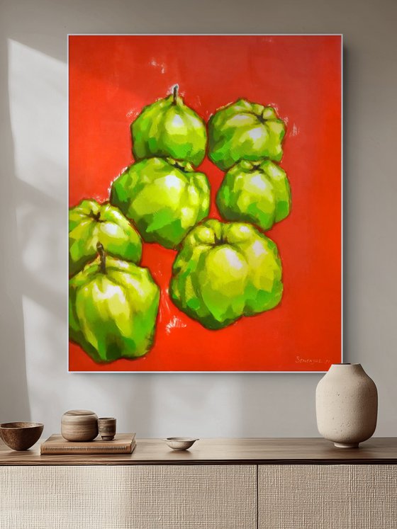 Green fruits on red background