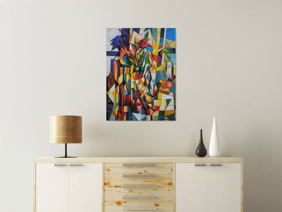 Still life with roses (60x80cm, cubism, oil painting, ready to hang)