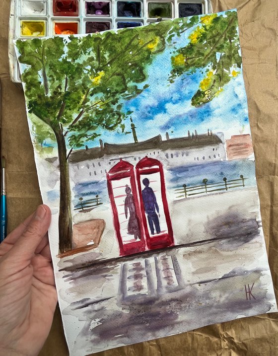 London Painting Couple Original Art Phone Cabin Watercolor Love Story Artwork Cityscape Wall Art 10 b y 14" by Halyna Kirichenko