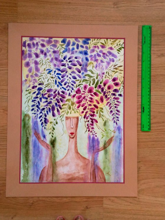 Lady in flower hat purple wisteria flowers original watercolor painting " Bright lady under the rain"