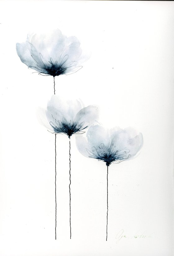 Minimalistic Flowers dusty blue  watercolor. #4