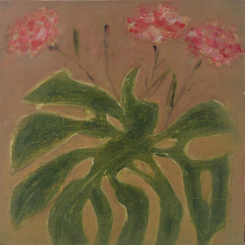 Carnations and big leaf by Elena Zapassky