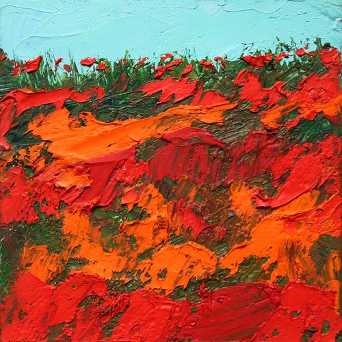 Poppy fields... 3.5x3.5" / FROM MY A SERIES OF MINI WORKS LANDSCAPE / ORIGINAL OIL PAINTING by Salana Art Gallery