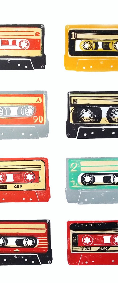Linocut tapes #46 (cassette tapes, retro music, 70's, 80's rock culture) by Carolynne Coulson