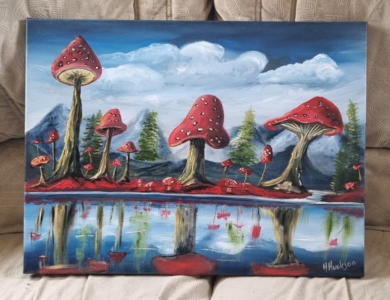 Mushroom Mirror 24"×18" oil on canvas, red mushroom landscape